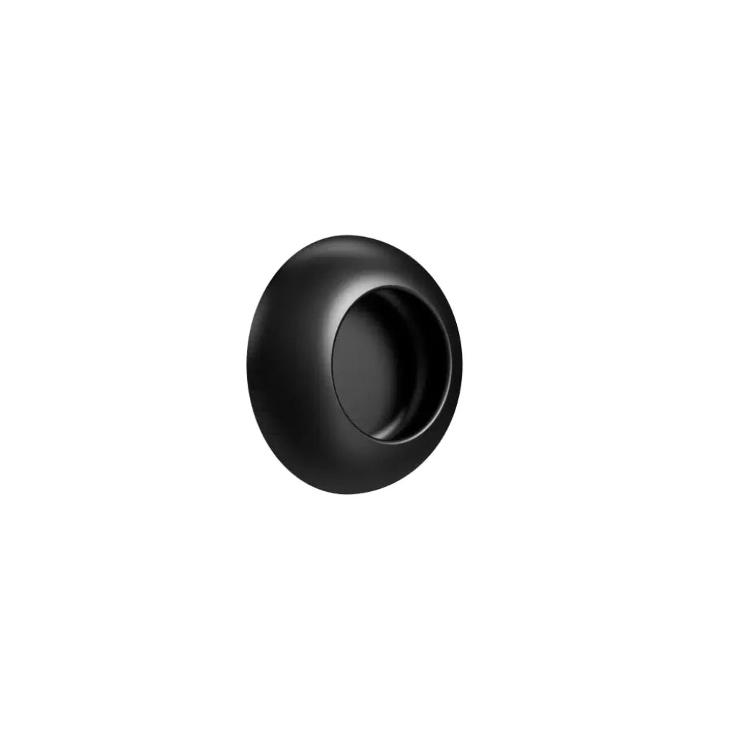 Black cup-style cabinet knob on white background