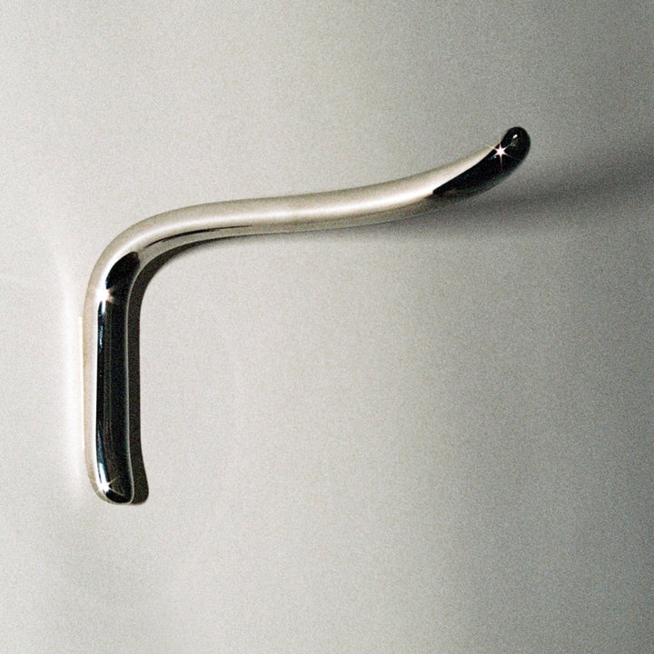L shaped hook in polished nickel, side view.