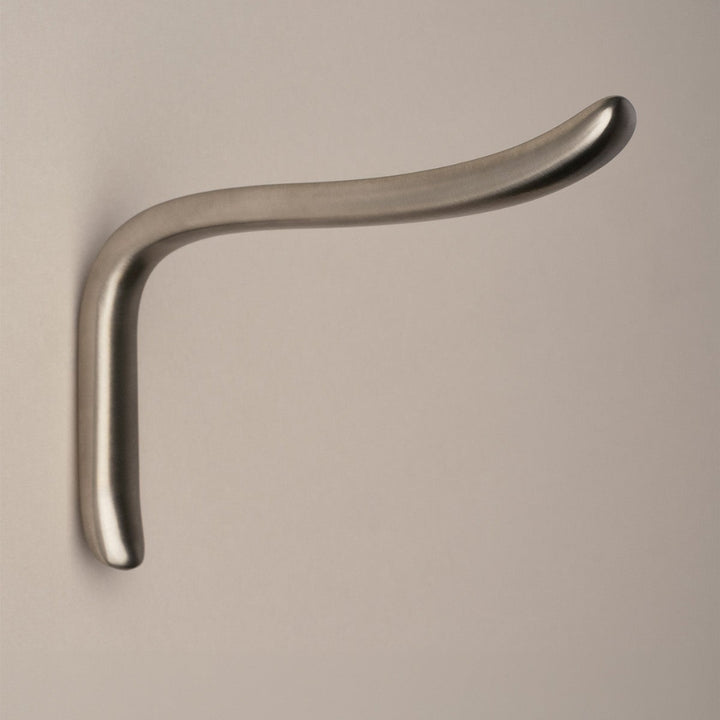 L shaped hook in satin nickel, side view.