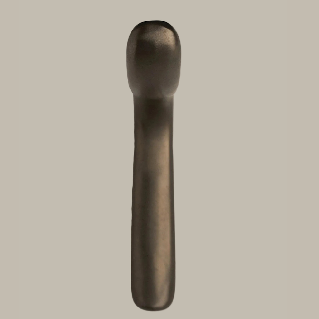 L shaped hook in dark brass, front view.