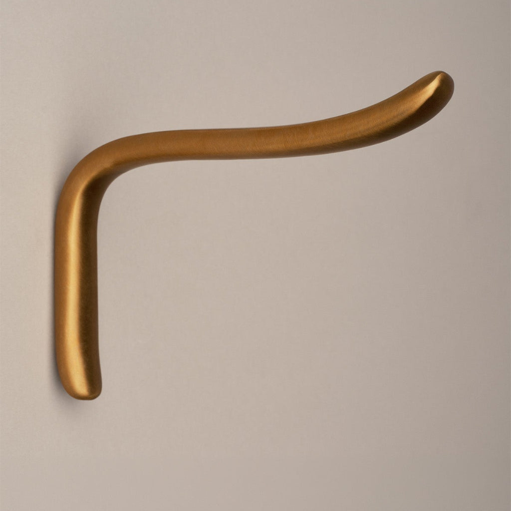 L shaped hook in amber brass, side view.