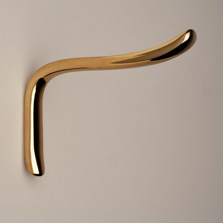 L shaped hook in polished brass, side view.