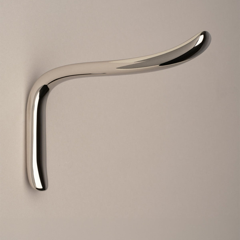 L shaped hook in polished nickel, side view.