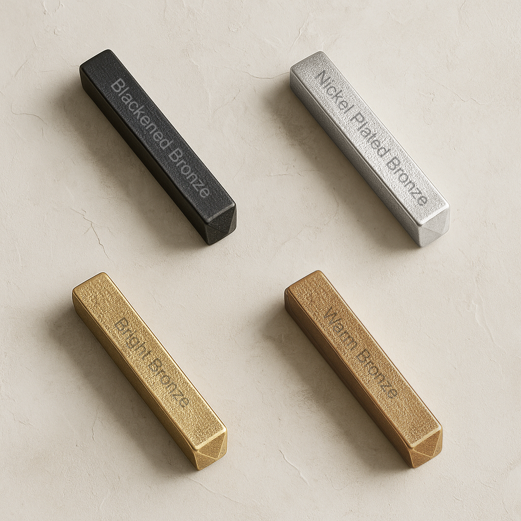 Shayne Fox finish sample bars in blackened bronze, nickel-plated bronze and brass.