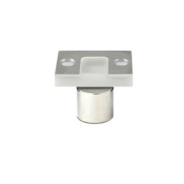 A white Ghostop door handle with two holes and a Rectangular Strike Coverplate for GS200.