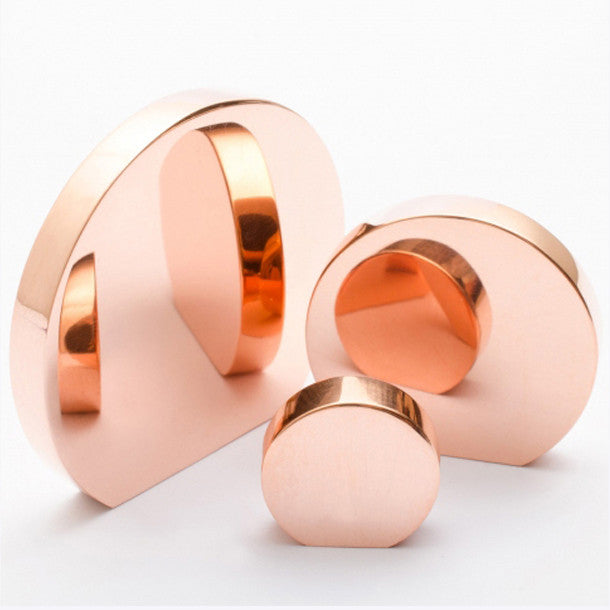 Beautiful semi circular shaped knobs. In brushed copper and various other finishes.