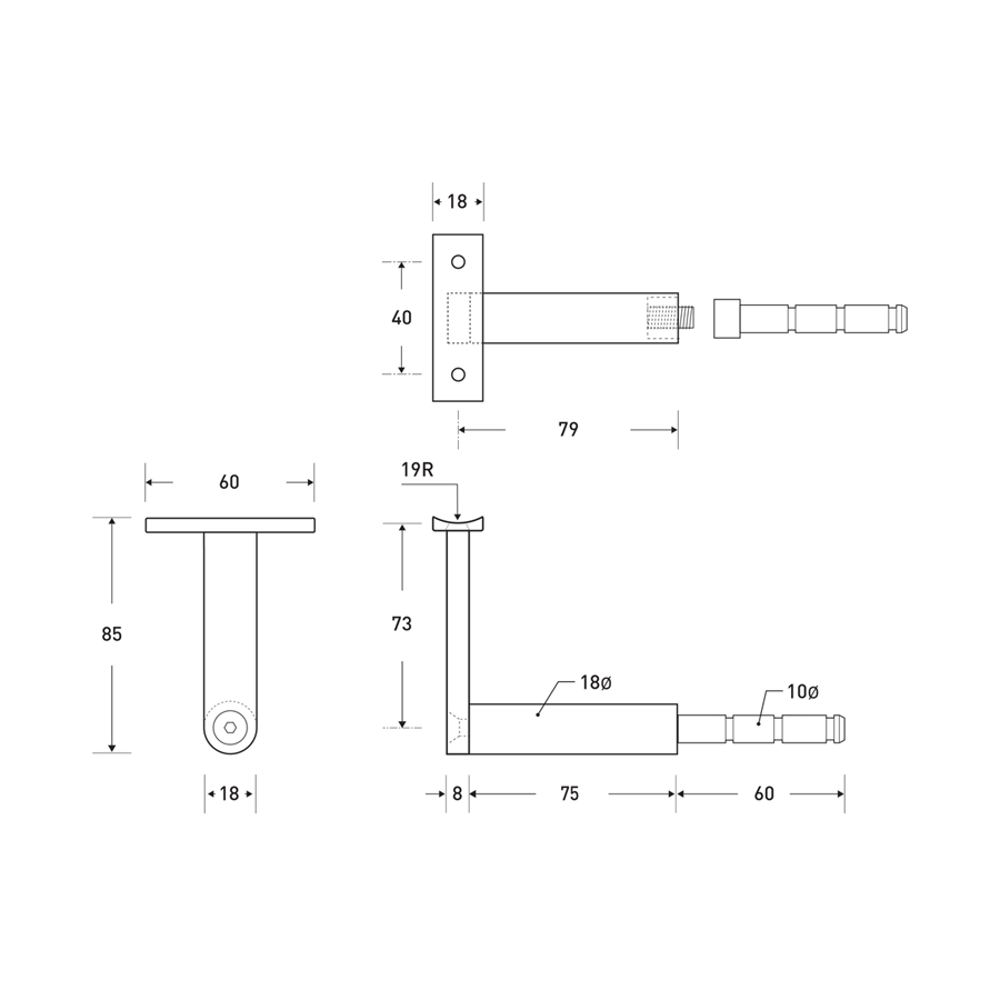 A drawing of a Halliday Baillie HB 500 Handrail Bracket.