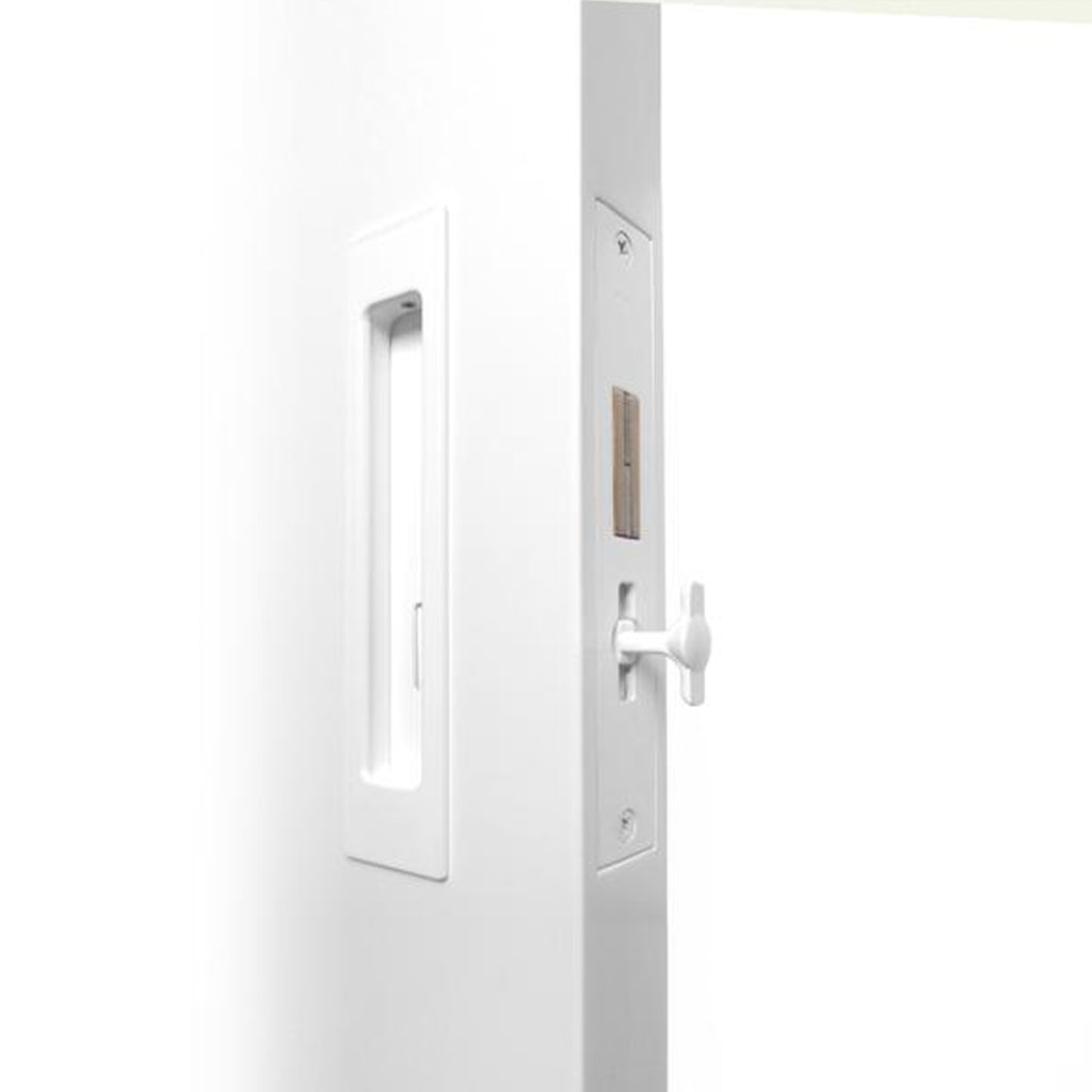 A white Halliday Baillie door with an HB 690 Flush Pull Privacy Lock handle on it.