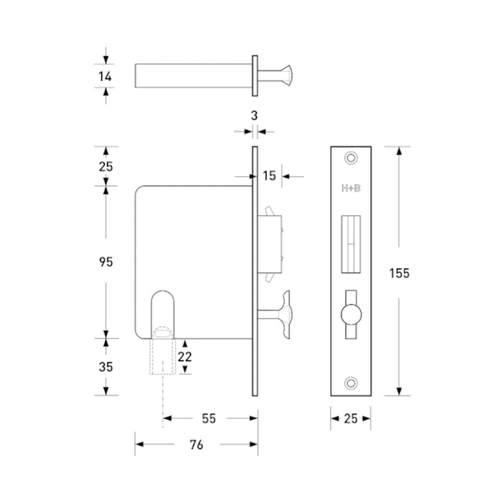 A drawing of a Halliday Baillie HB 690 Flush Pull Privacy Lock door handle and latch.