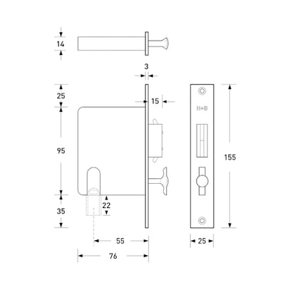A drawing of a Halliday Baillie HB 690 Flush Pull Privacy Lock door handle and latch.