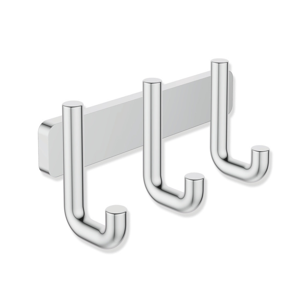 Satin nickel Hewi 480 double hook, two rounded J-hooks on a plate.