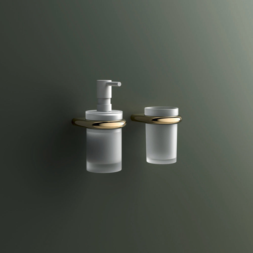 Hewi 480 soap dispenser and glass tumbler in wall holders.
