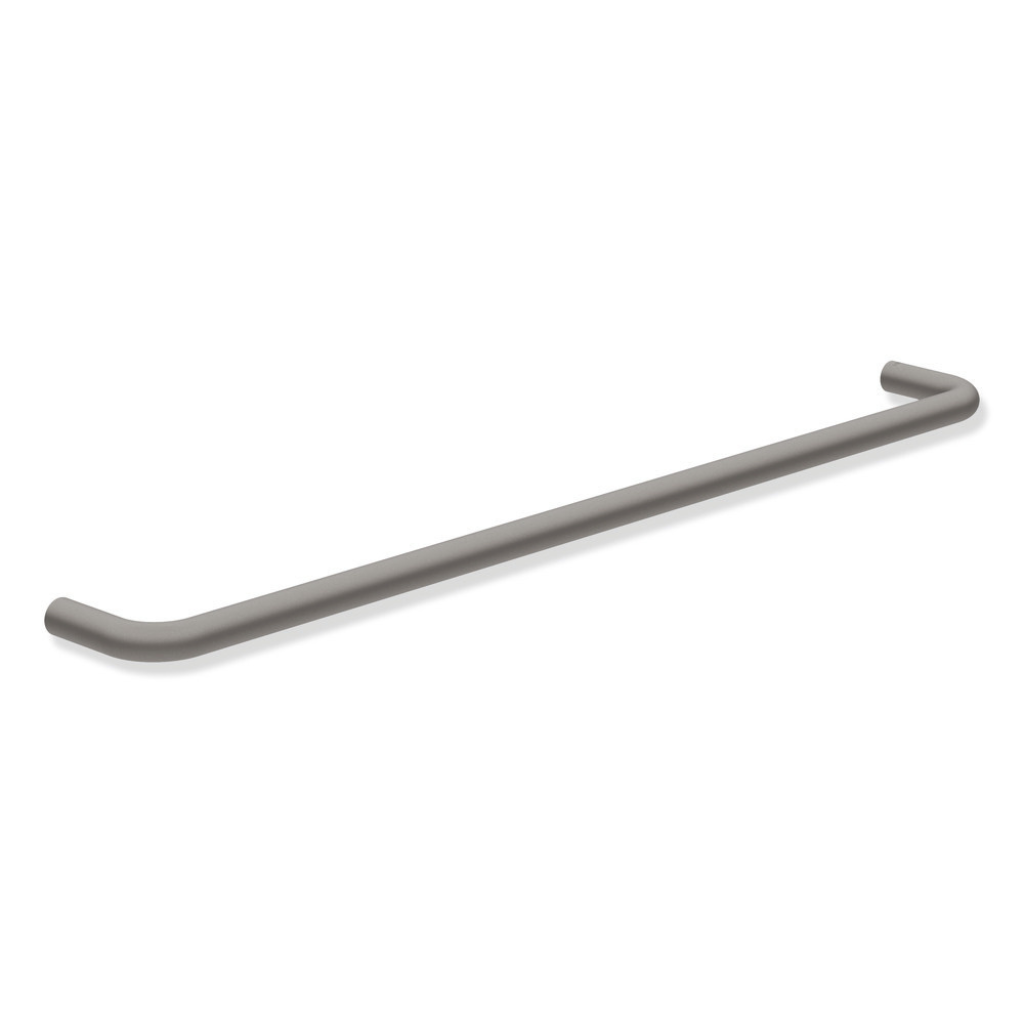 Polished chrome Hewi 480 towel rail, a straight single bar on two wall posts.