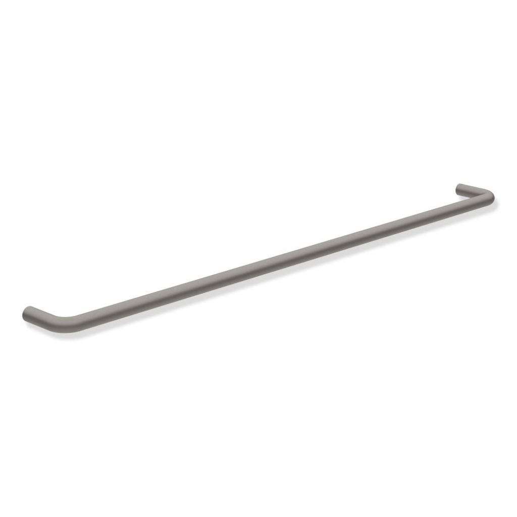 Polished chrome Hewi 480 towel rail, a straight single bar on two wall posts.