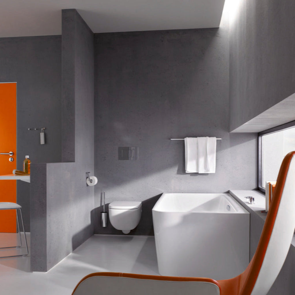 Satin nickel Hewi 900 bath towel rail, a long straight bar on two wall posts.