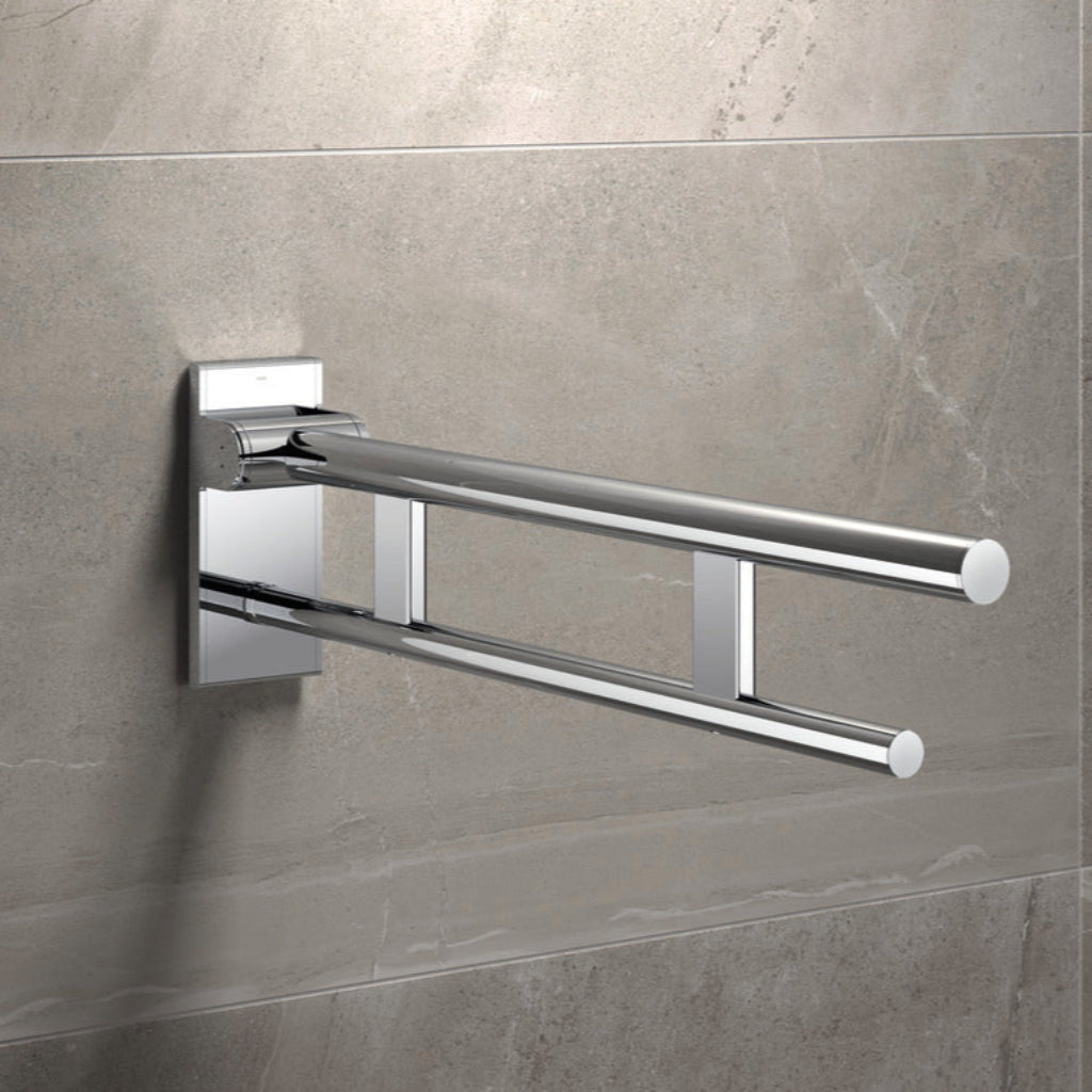 Polished chrome Hewi 900 hinged support rail, a fold-up double arm.