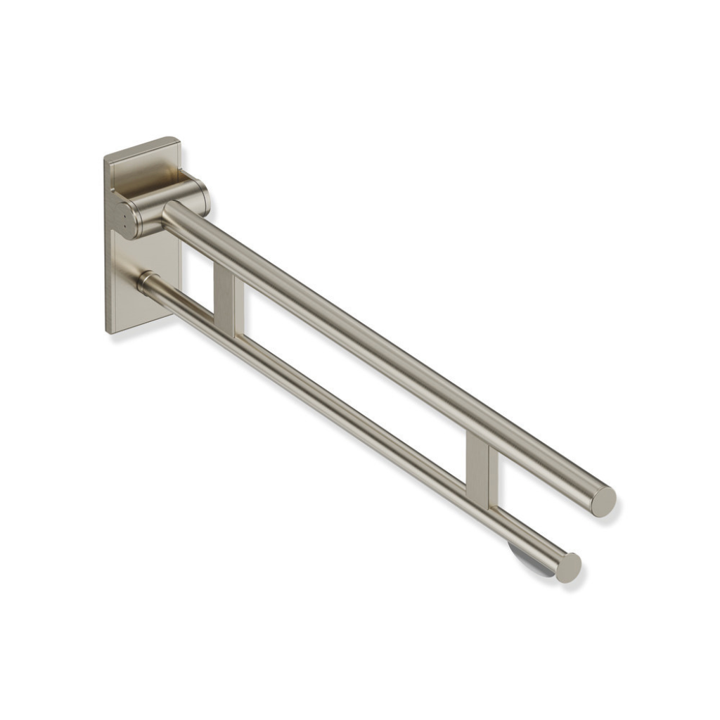 Anthracite grey Hewi 900 hinged support rail duo with toilet roll holder, a fold-up double bar.