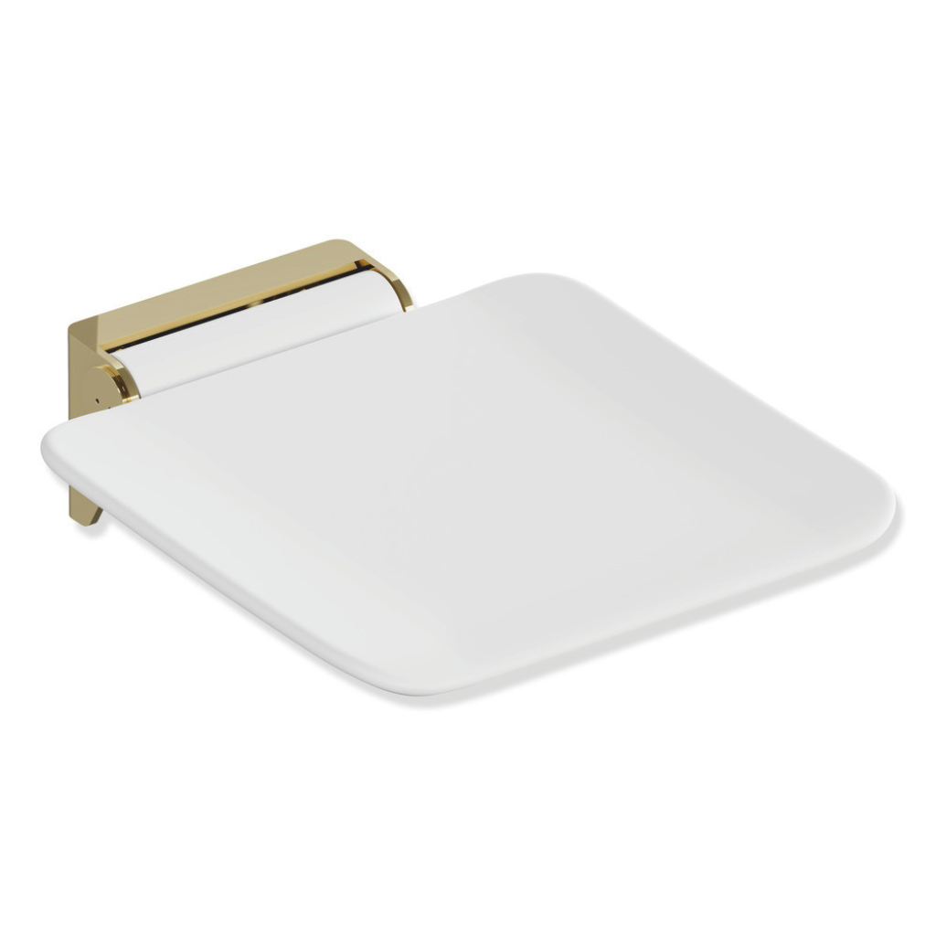 White Hewi 900 hinged shower seat on an anthracite bracket.