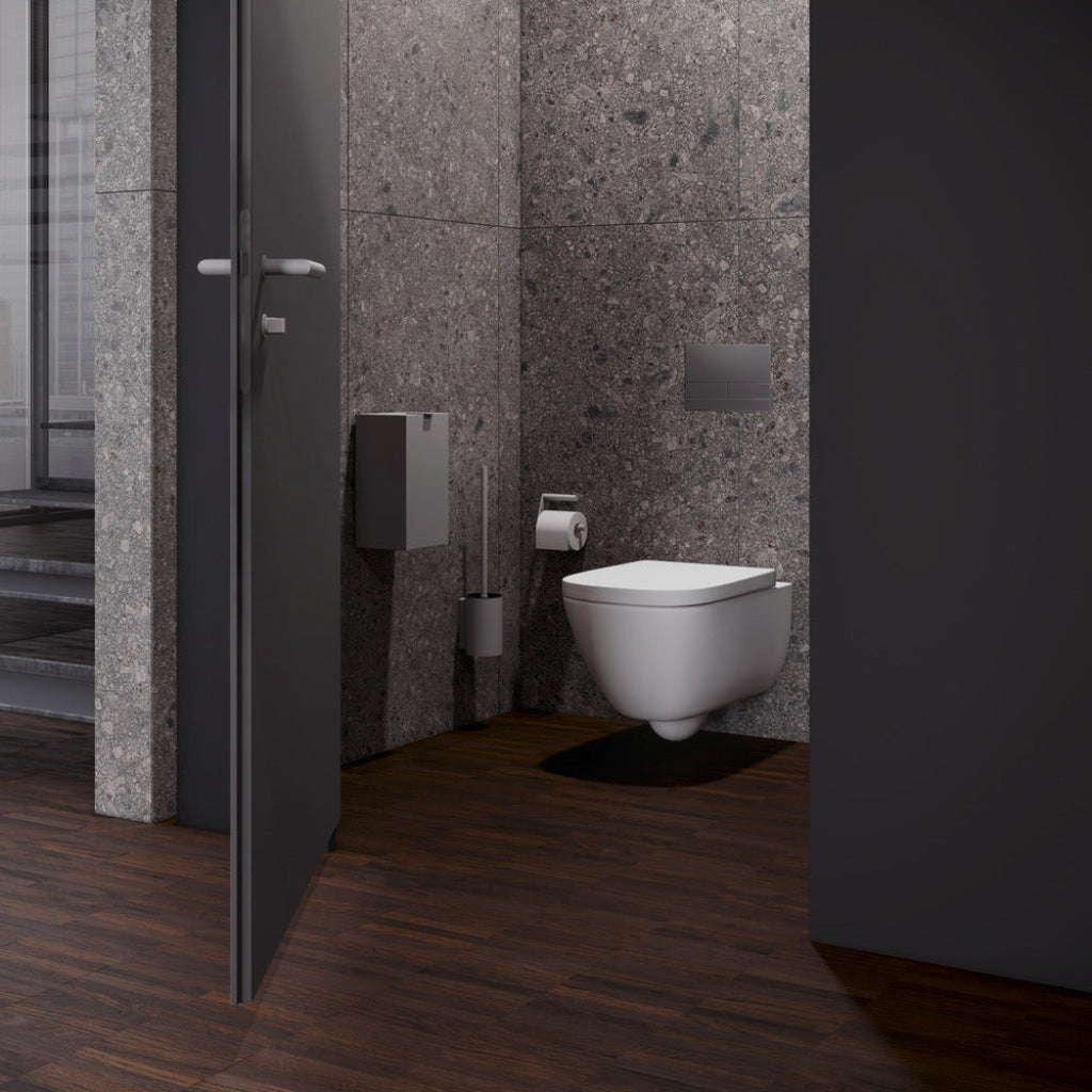 Bathroom with modern hygiene waste bin and a wall-mounted toilet and dark tiled walls.