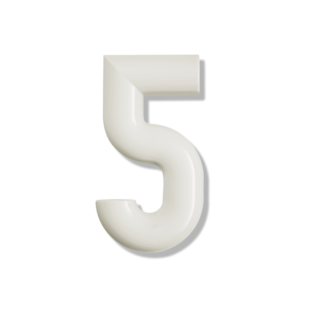 Cream Hewi house numeral 5, a rounded sans-serif number for wall mounting.