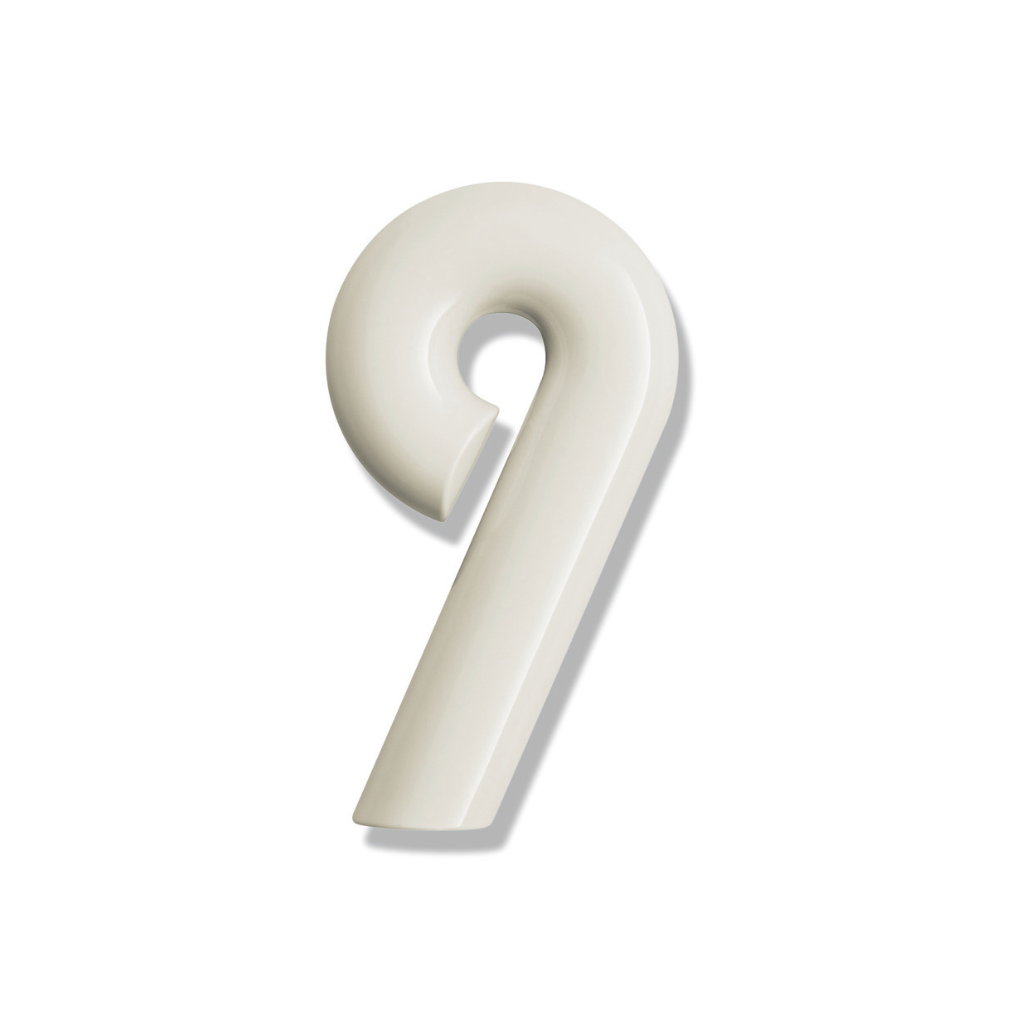 Cream Hewi house numeral 9, a rounded sans-serif number for wall mounting.