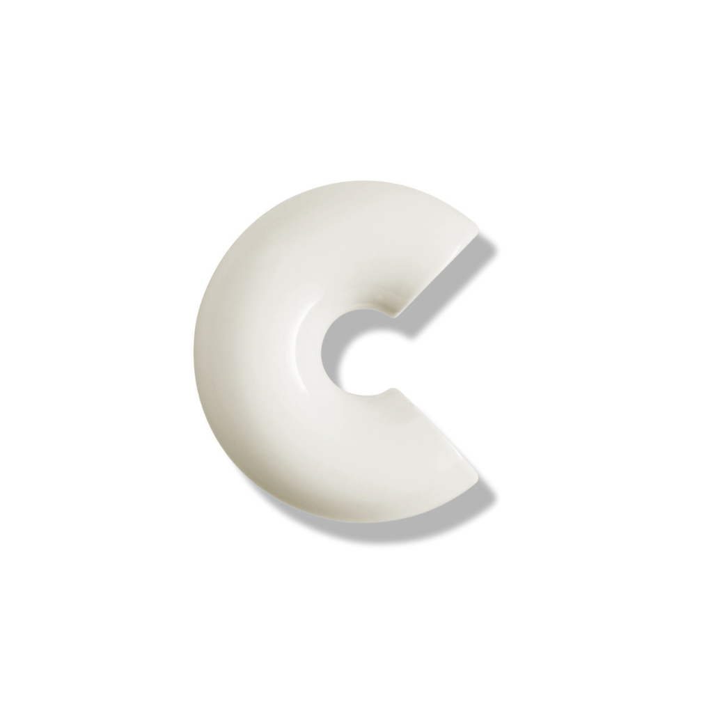 Cream Hewi house letter c, a rounded sans-serif character for wall mounting.