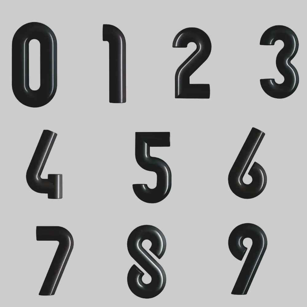 Full set of Hewi house numerals 0 to 9 in matte black, rounded sans-serif numbers.