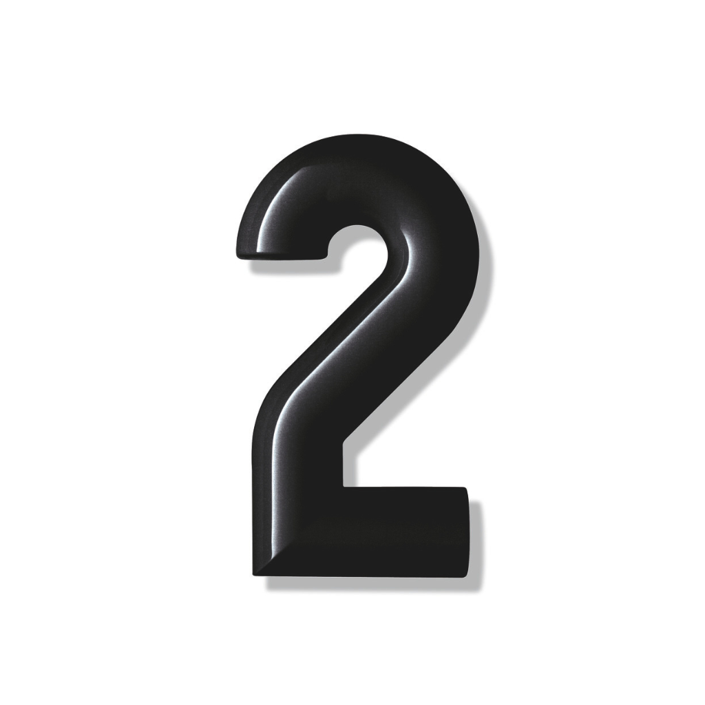 Matte black Hewi house numeral 2, a rounded sans-serif number for wall mounting.