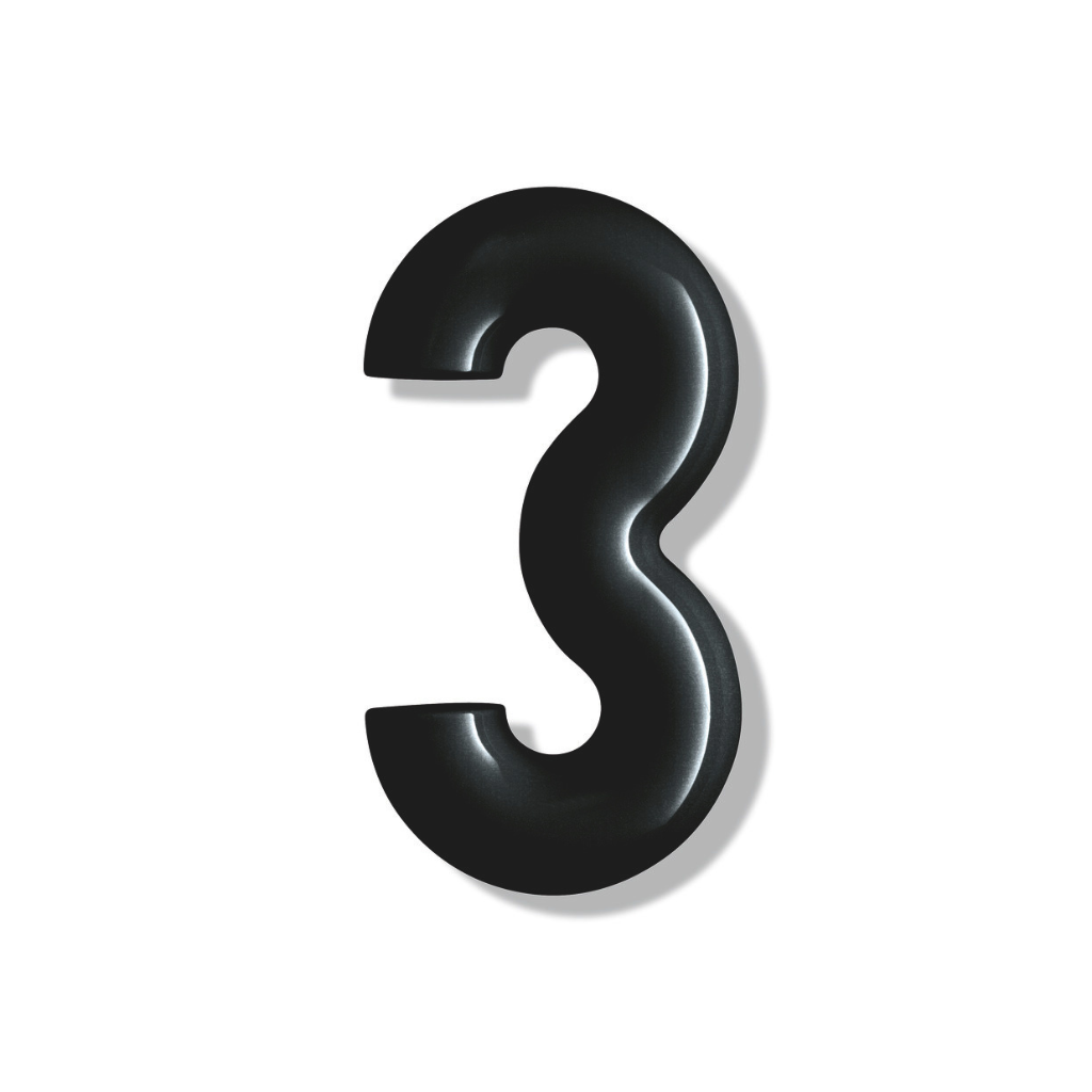 Matte black Hewi house numeral 3, a rounded sans-serif number for wall mounting.