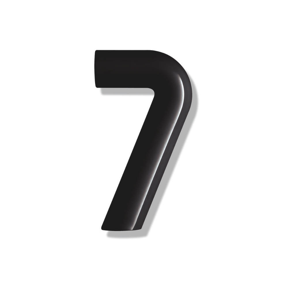 Matte black Hewi house numeral 7, a rounded sans-serif number for wall mounting.