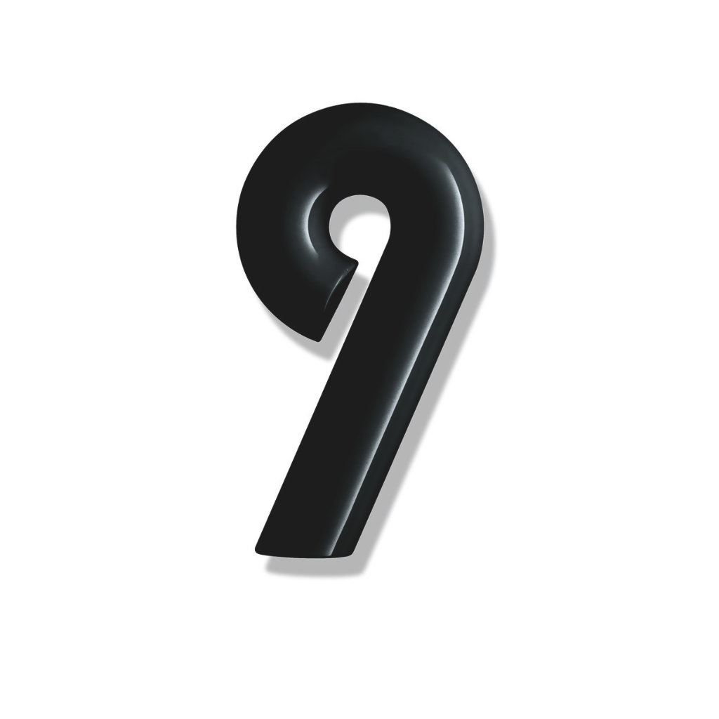 Matte black Hewi house numeral 9, a rounded sans-serif number for wall mounting.