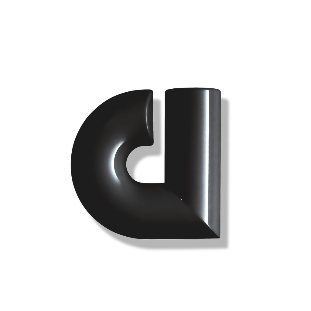 Matte black Hewi house letter d, a rounded sans-serif character for wall mounting.