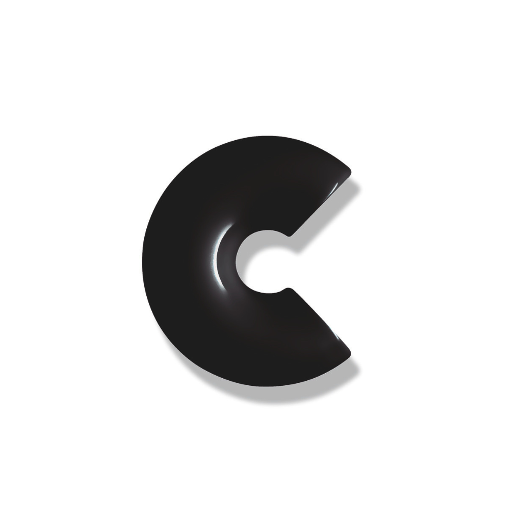 Matte black Hewi house letter c, a rounded sans-serif character for wall mounting.
