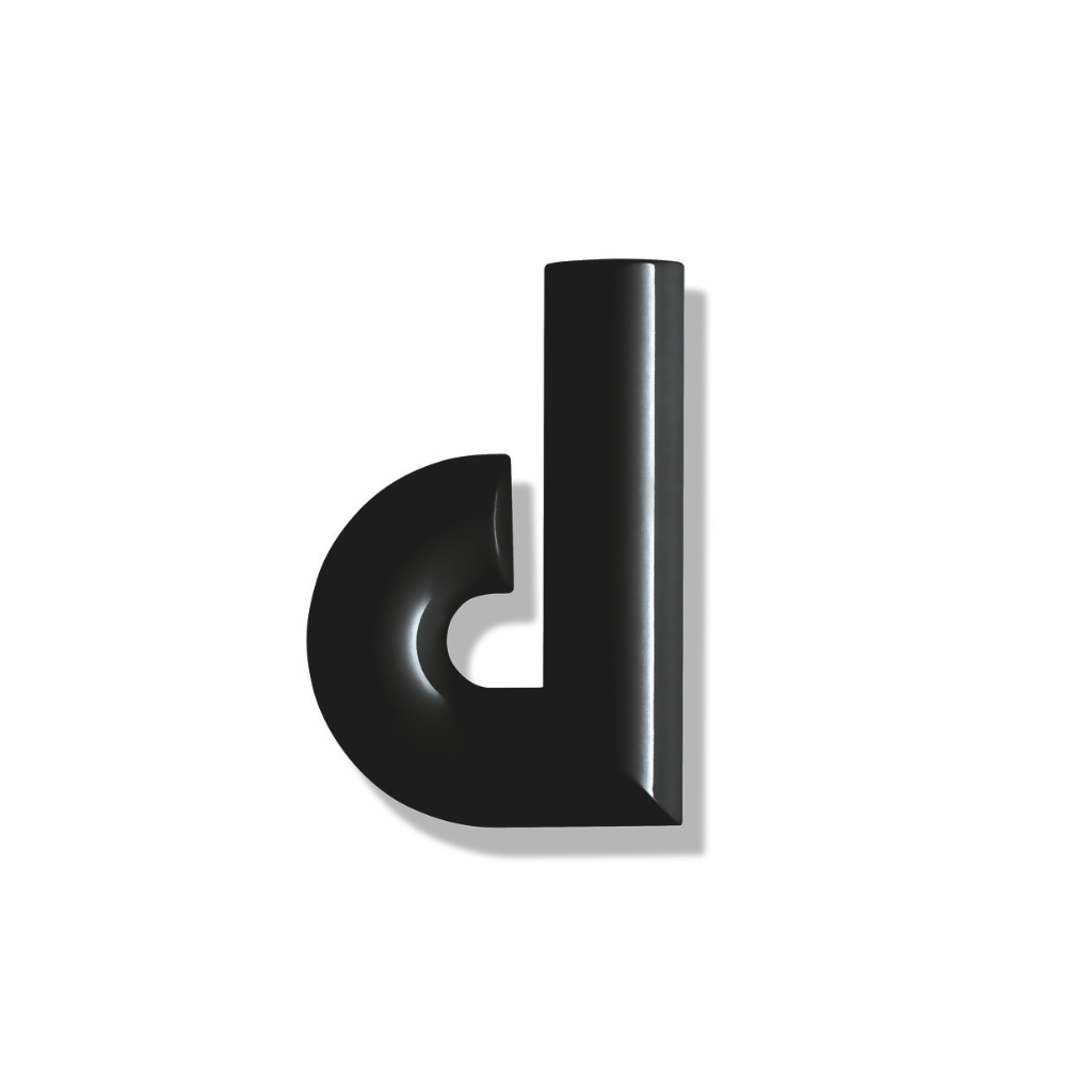 Matte black Hewi house letter d, a rounded sans-serif character for wall mounting.