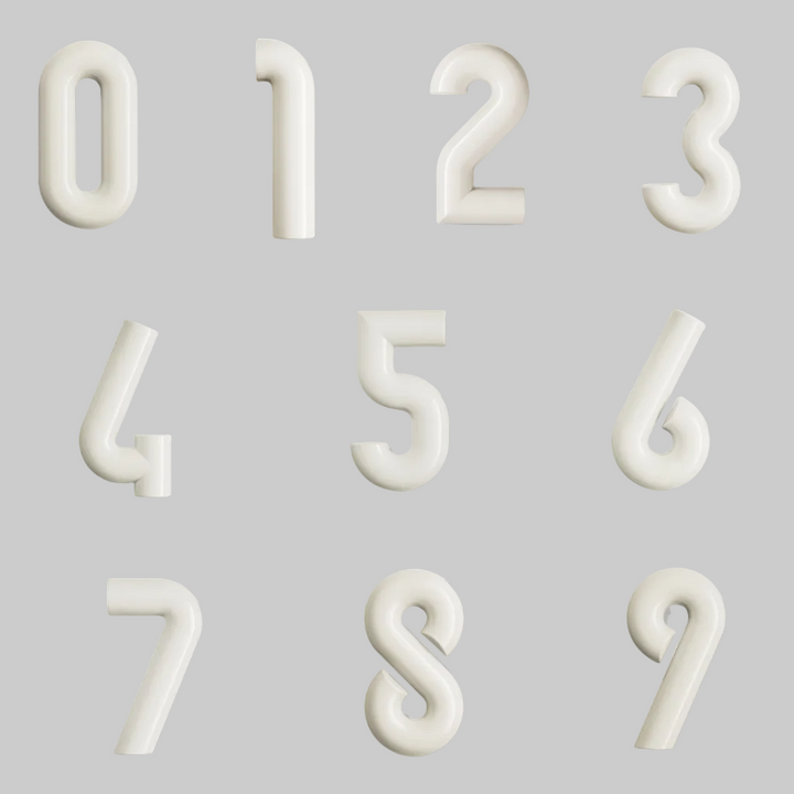 Set of white plastic numbers on a white background by Hewi. 