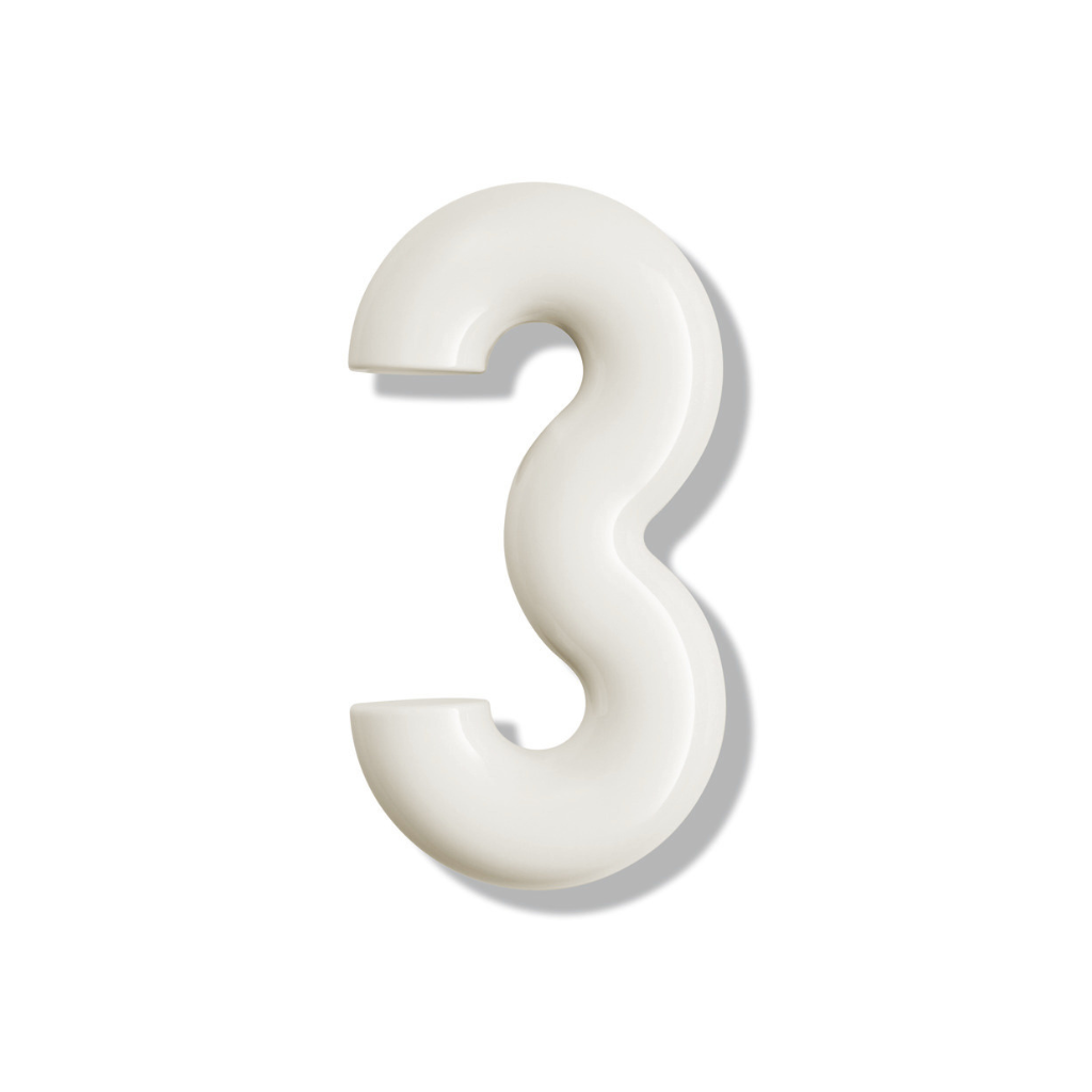 Cream Hewi house numeral 3, a rounded sans-serif number for wall mounting.