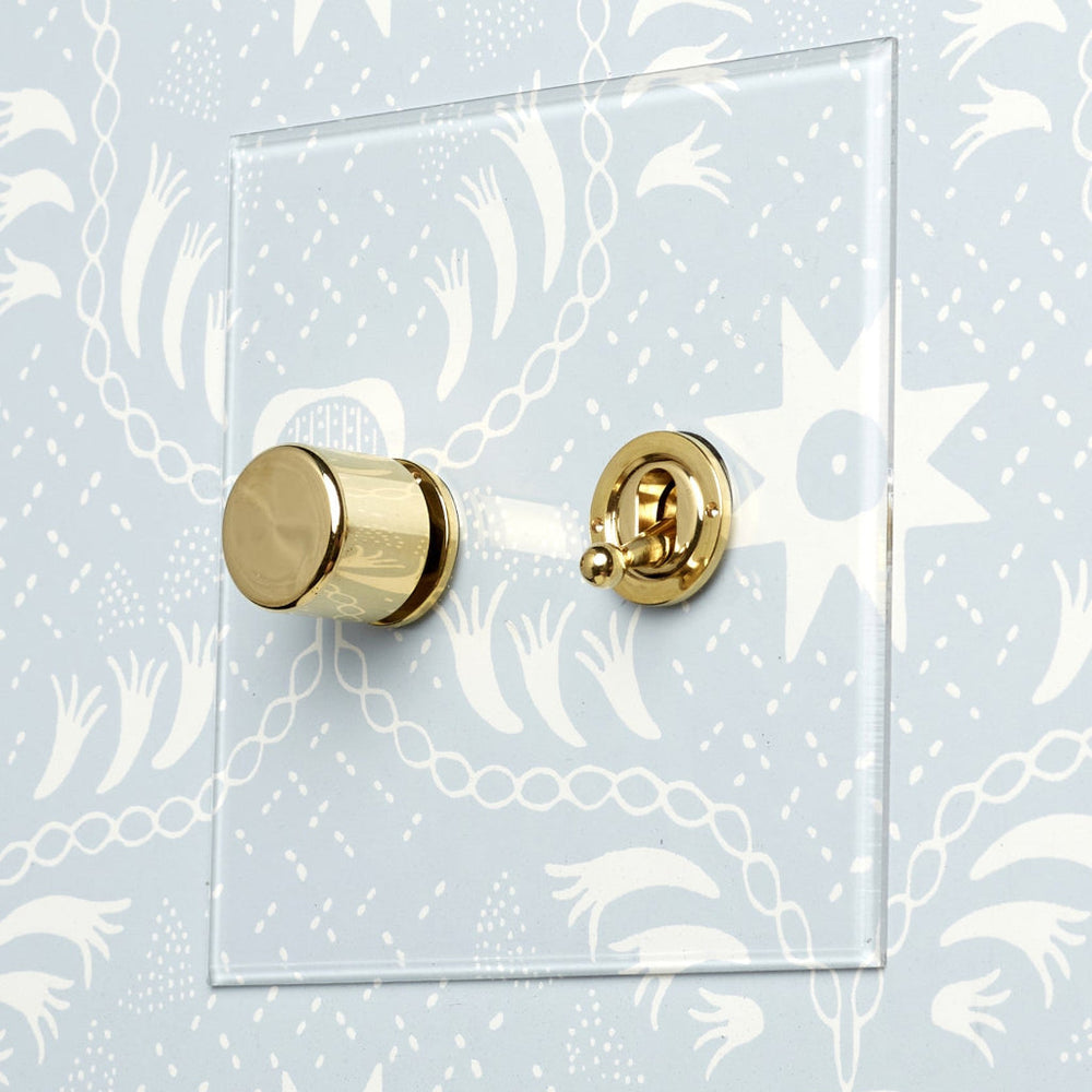 Forbes & Lomax invisible plate with a brass dimmer and toggle on patterned wallpaper.