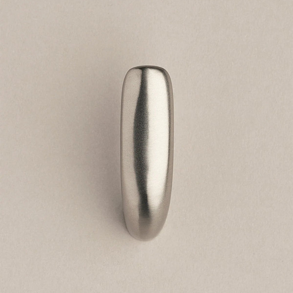 Softly curved J shaped hook in satin nickel, front view.