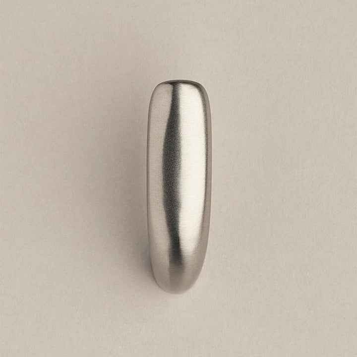 Softly curved J shaped hook in satin nickel, front view.