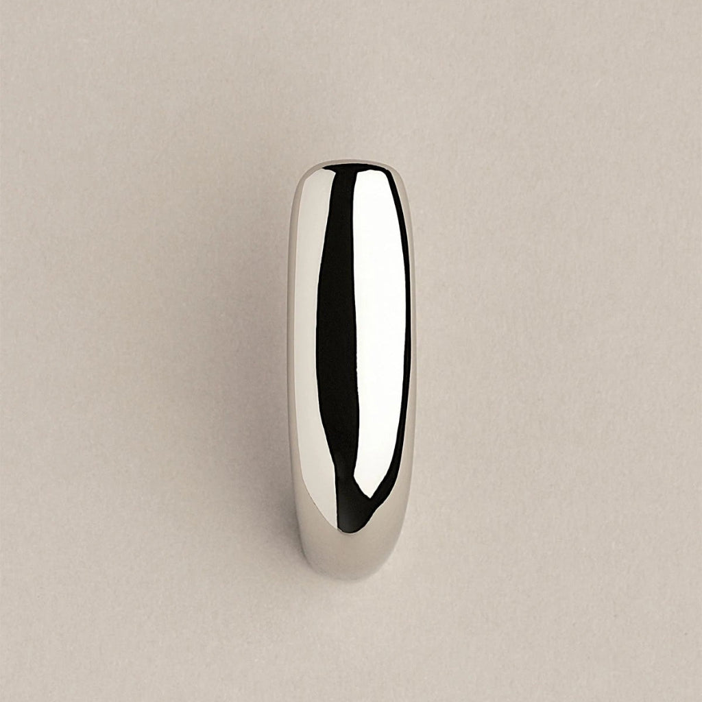 Softly curved J shaped hook in polished nickel, front view.
