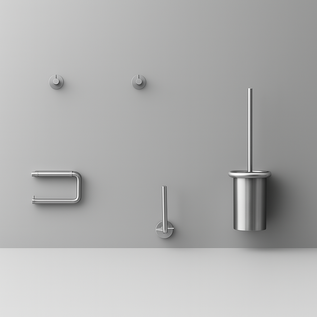 Set of stainless steel bathroom fixtures on a gray wall.