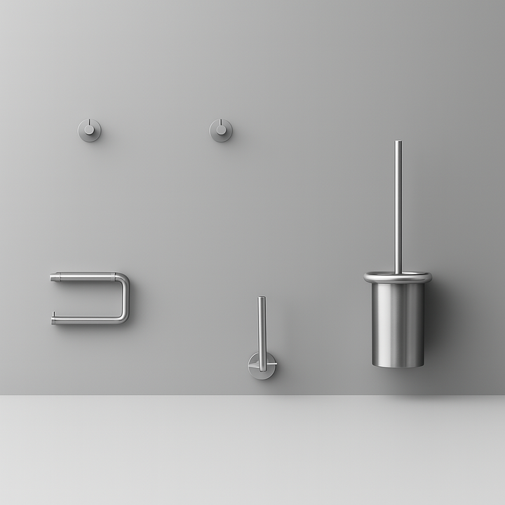 Set of stainless steel bathroom fixtures on a gray wall.