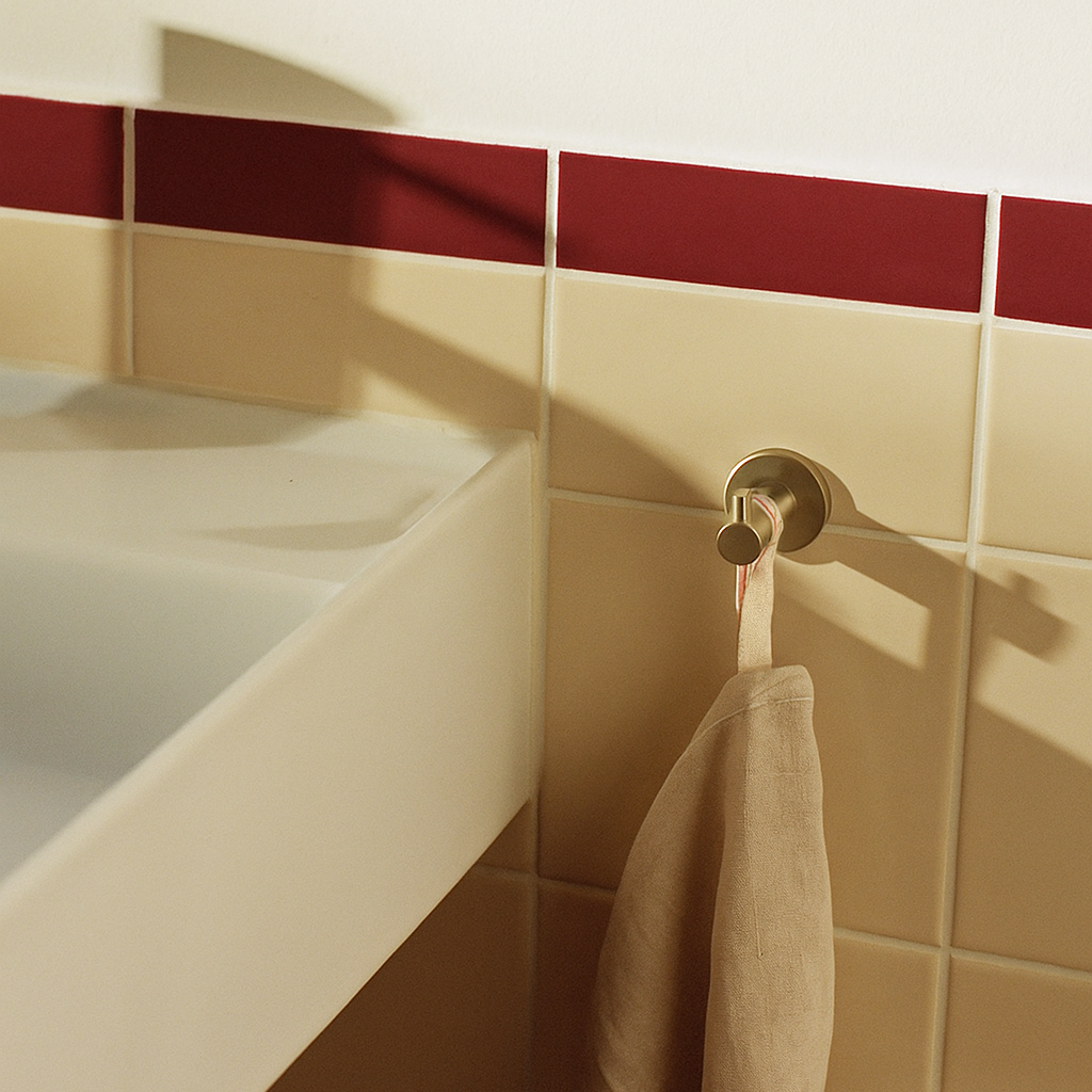 PVD satin brass d line Knud coat hook with a pin holding a towel.