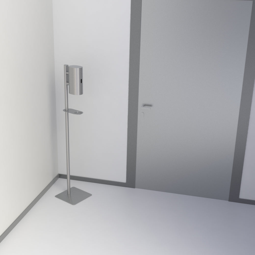A white room with a door and a d line Knud Floor Stand with Touchless Soap/Disinfectant Dispenser pole.