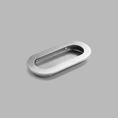 A d line Knud Oval Flush Pull door handle on a gray background.