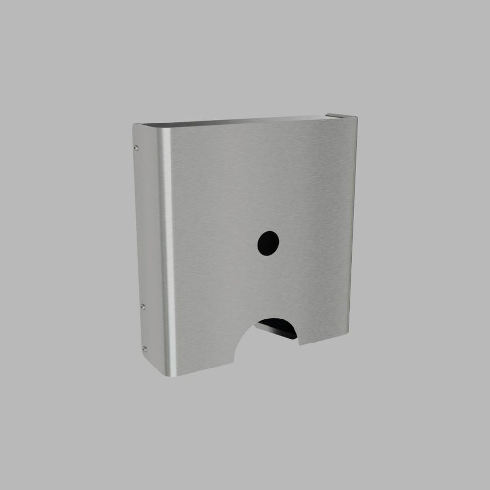 Satin stainless steel d line Knud paper towel dispenser, a wall-mounted box with an open base.