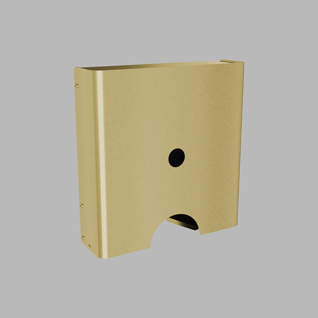 PVD satin brass d line Knud paper towel dispenser, a wall-mounted box with an open base.