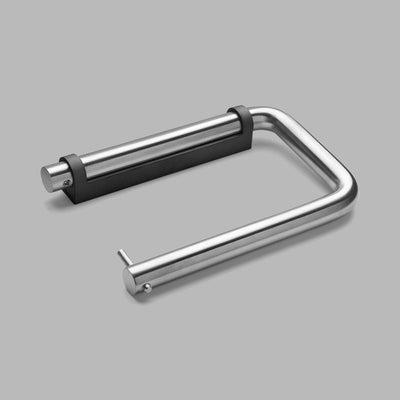 A d line Knud Toilet Roll Holder with a metal handle on a gray background.