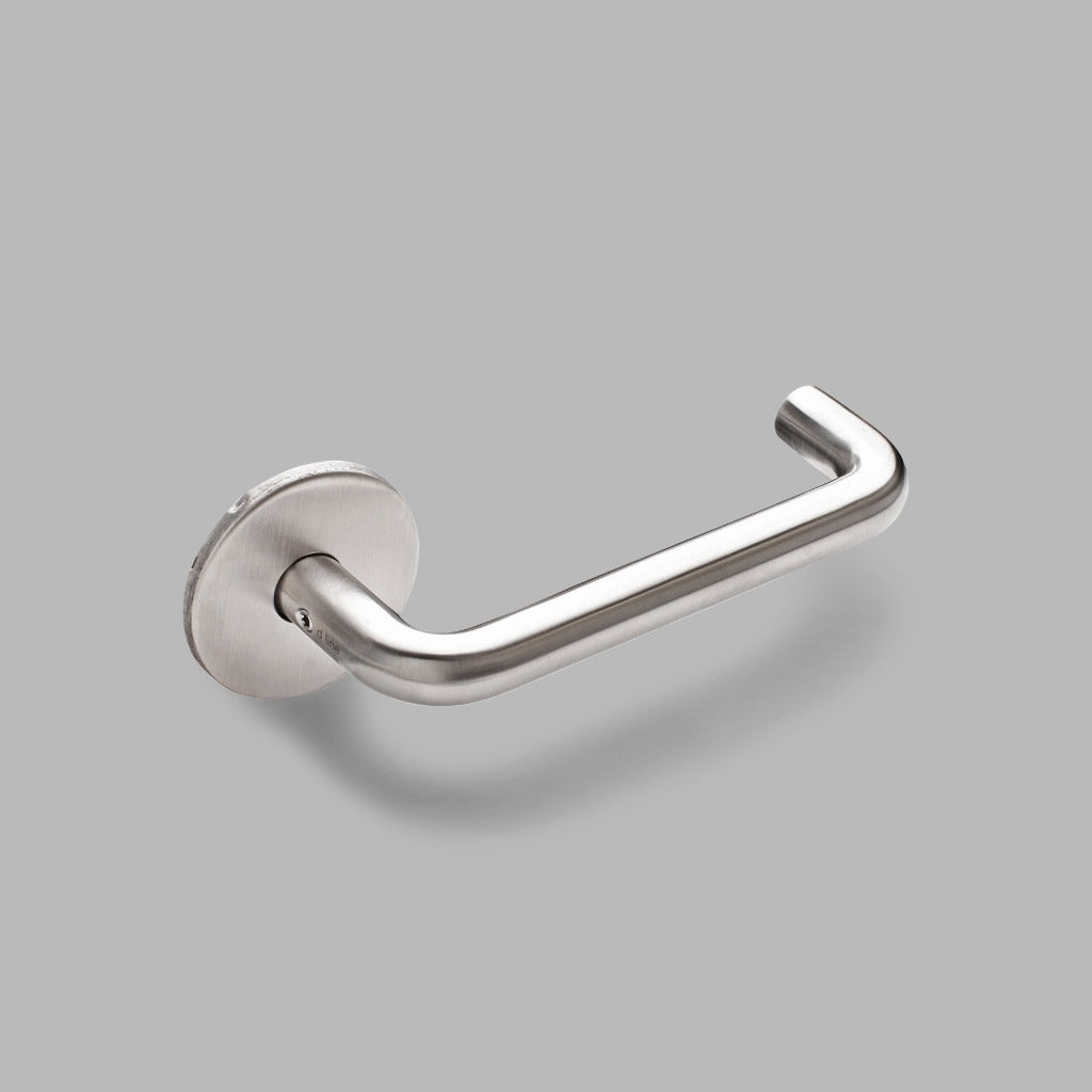 A d line Knud U Lever towel hook in stainless steel on a gray background.