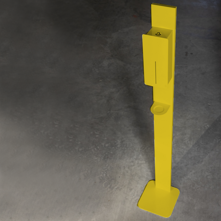 Custom Powder Coated Yellow Loki Hand Sanitizer on stand.